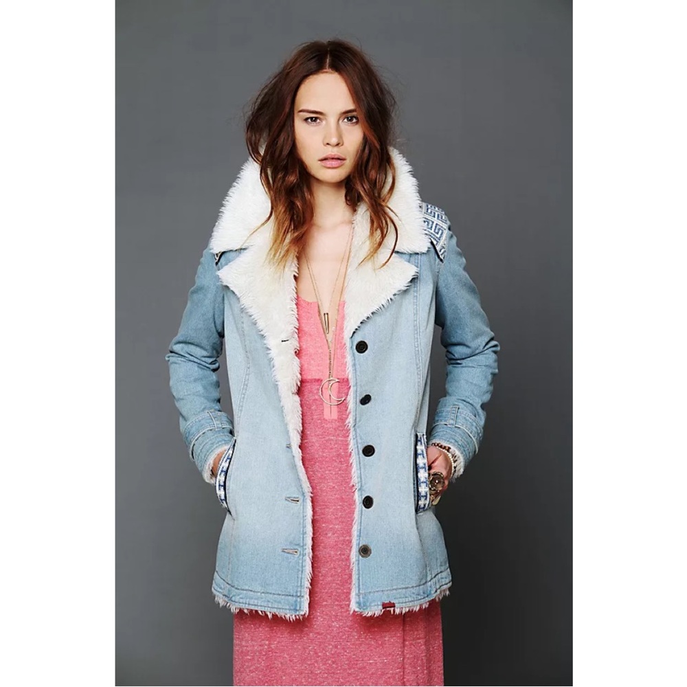 Free People Light Blue Denim & Sherpa Lined Long Boho Jacket - Picture 10 of 12